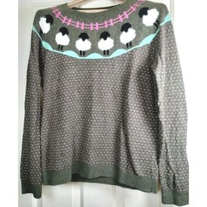 Talbots Womens Medium Green Sweater Black Sheep Fair Isle Print Pullover Crewnck